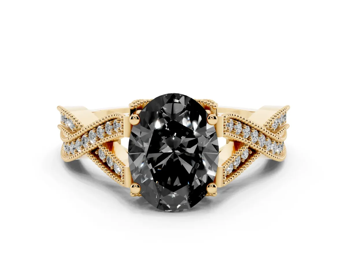 Fancy Black Oval Cut Cut Diamond Twisted Band with Milgrain Pave Setting and Four-Prong Setting Yellow gold