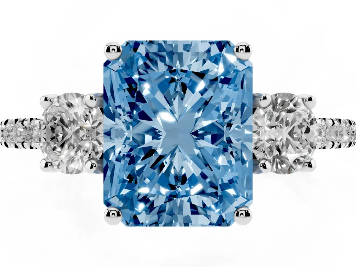 Fancy Blue Three-Stone Radiant Cut Cut Diamond Pavé Band with Prong Setting Platinum