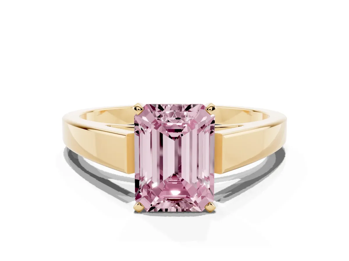 Fancy Pink Emerald Cut Solitaire Engagement Ring with Four-Prong Setting and Tapered Band Yellow gold