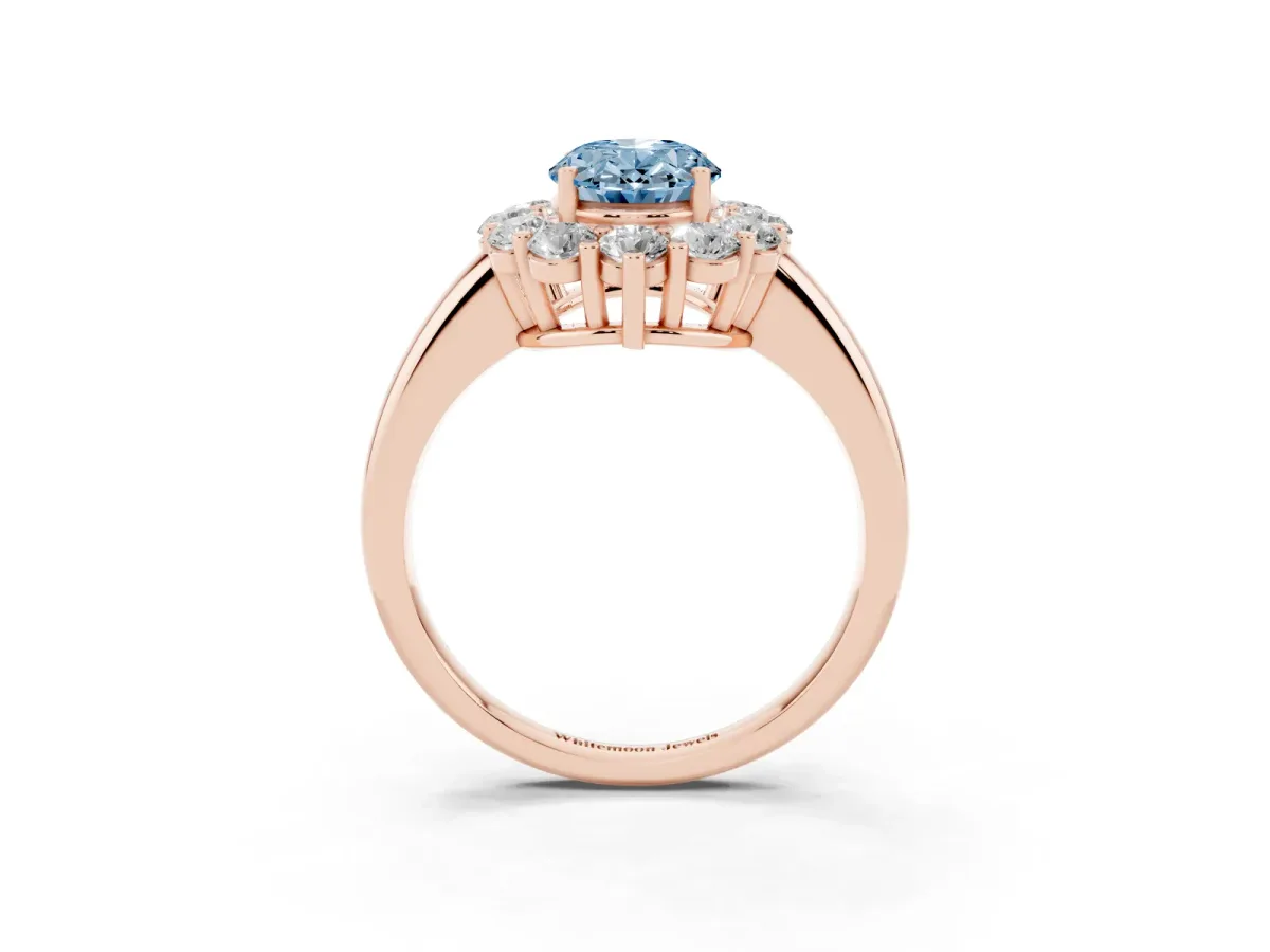 Fancy Blue Oval Cut Halo Cluster Diamond Engagement Ring with Prong Setting and Polished Band Rose gold
