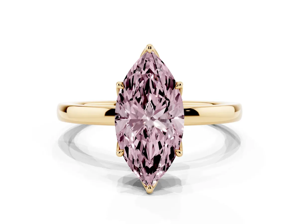 Fancy Pink Marquise Cut Diamond Solitaire Ring with Thin Band and Prong Setting Yellow gold