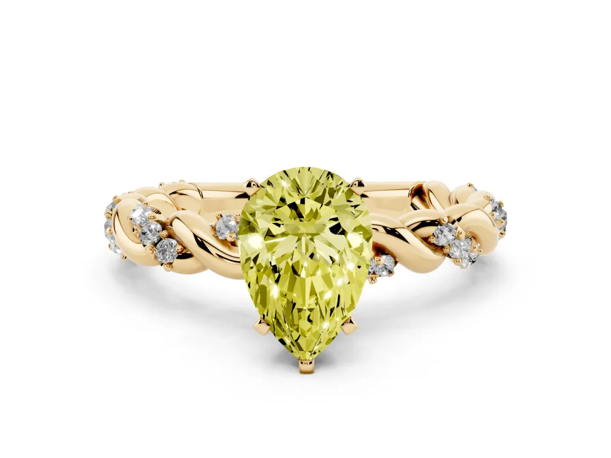 Fancy Yellow Pear Cut Diamond Solitaire Ring with Twisted Band and Pavé Accents Yellow gold