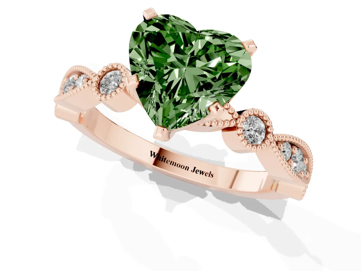 Fancy Green Heart Cut Milgrain Bezel Diamond Engagement Ring with Solitaire Prong Setting Rose gold