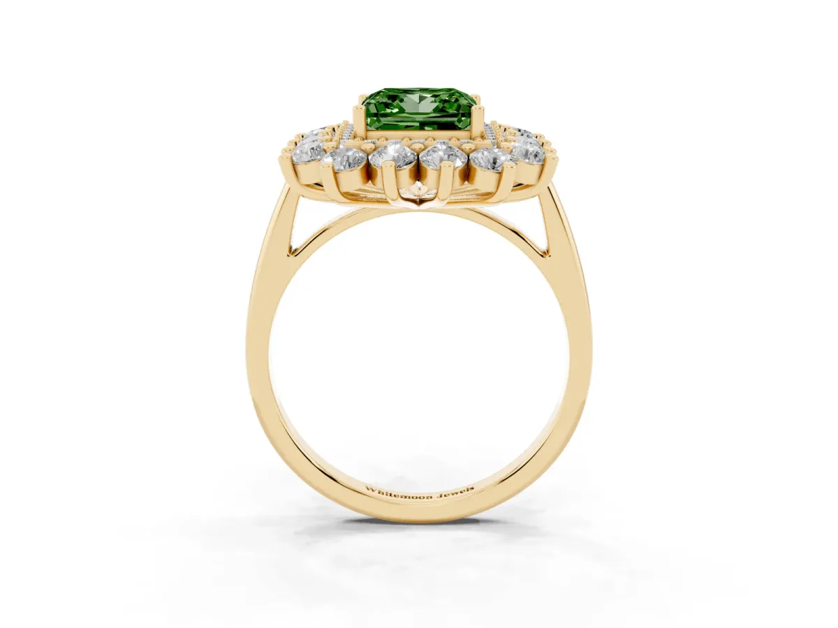 Fancy Green Princess Cut Diamond Floral Double Halo Engagement Ring with Prong Setting Yellow gold