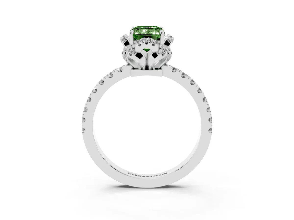 Fancy Green Emerald Cut Diamond Halo Pave Band with Four-Prong Setting Silver