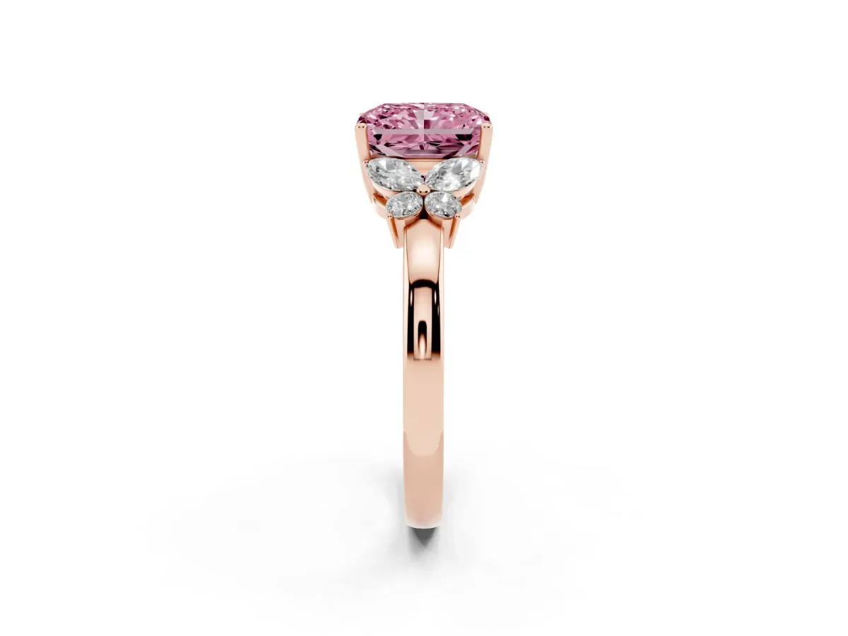 Fancy Pink Radiant Cut Cut Solitaire Floral Diamond Ring with Four-Prong Setting Rose gold