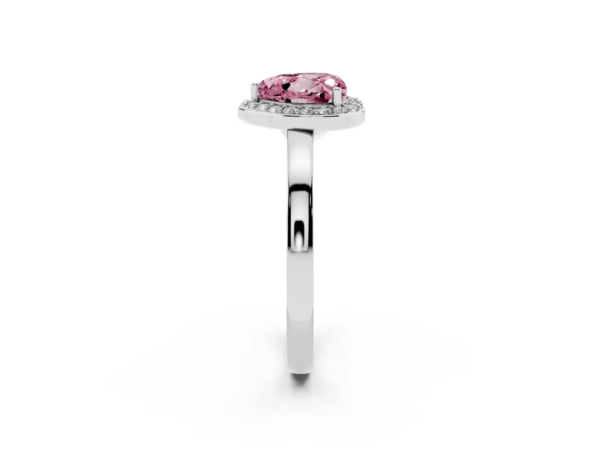 Fancy Pink Heart Cut Halo Diamond Ring with Solitaire Band and Prong Setting Silver