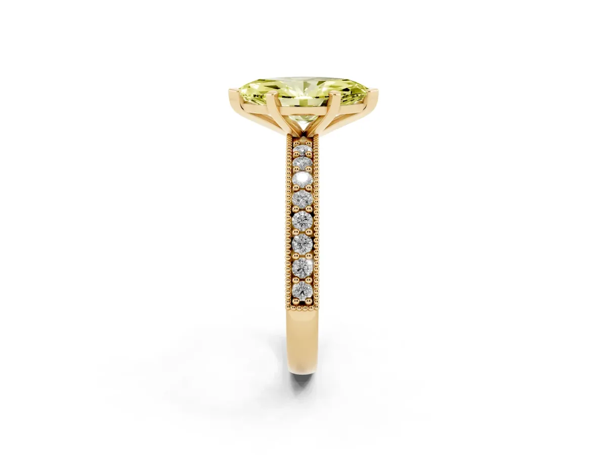 Fancy Yellow Marquise Cut Diamond Milgrain Pavé Engagement Ring with Four-Prong Setting Yellow gold