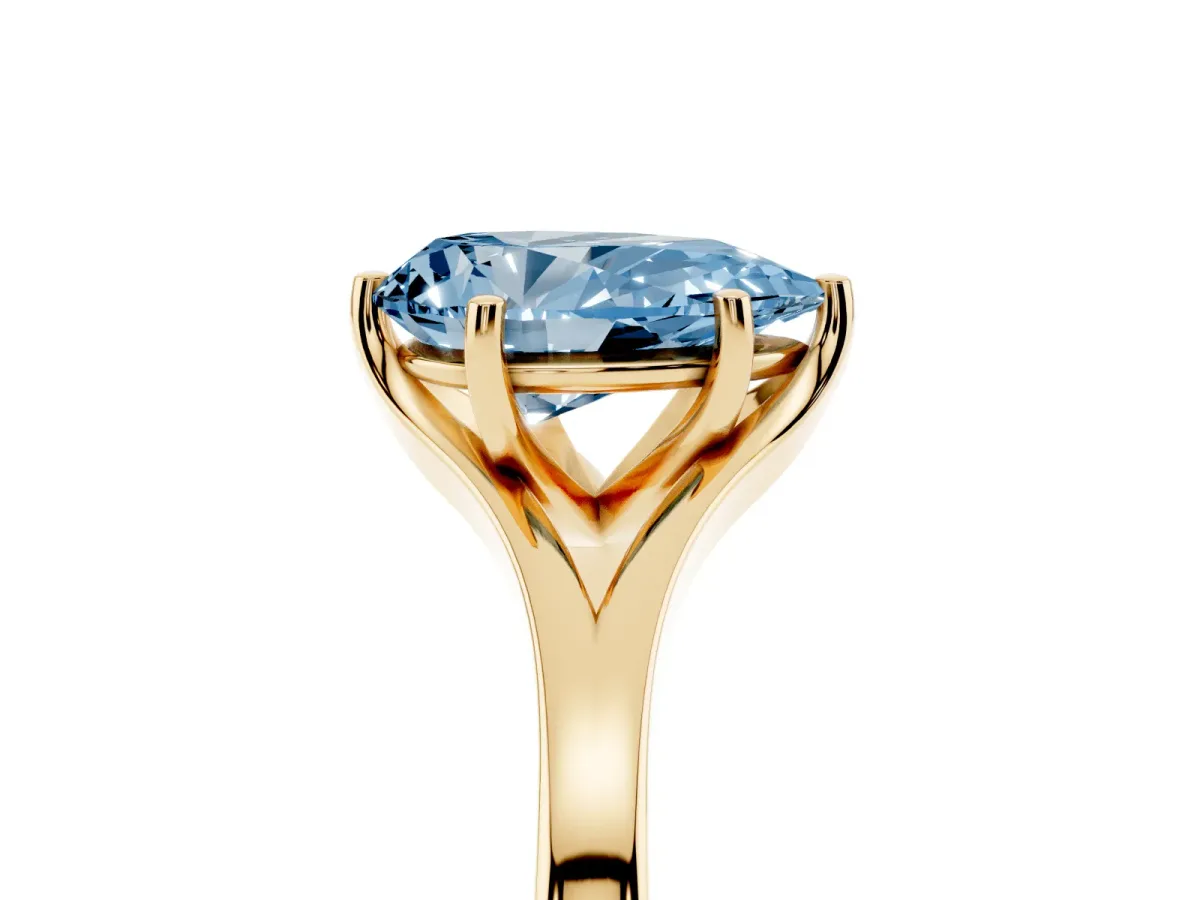 Fancy Blue Pear Cut Solitaire Diamond Ring with Six-Prong Setting and Tapered Band Yellow gold