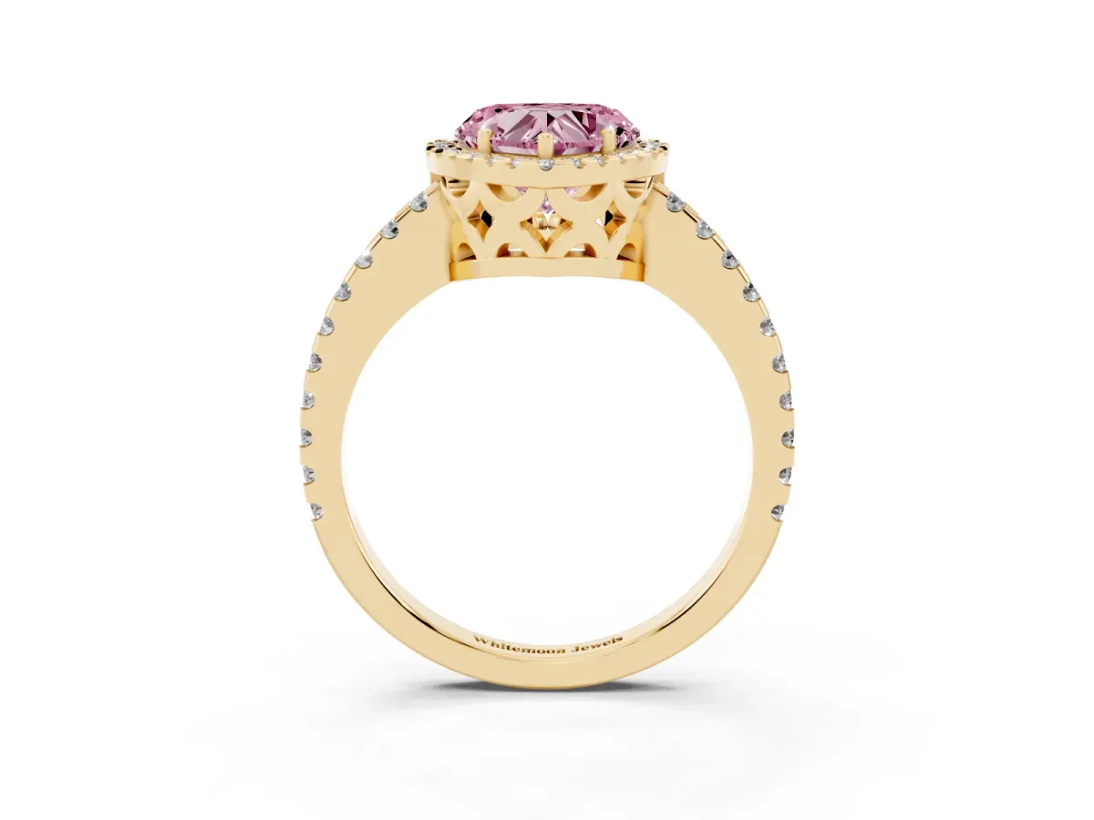 Fancy Pink Heart Cut Diamond Halo Engagement Ring with Pavé Band and Prong Setting Yellow gold