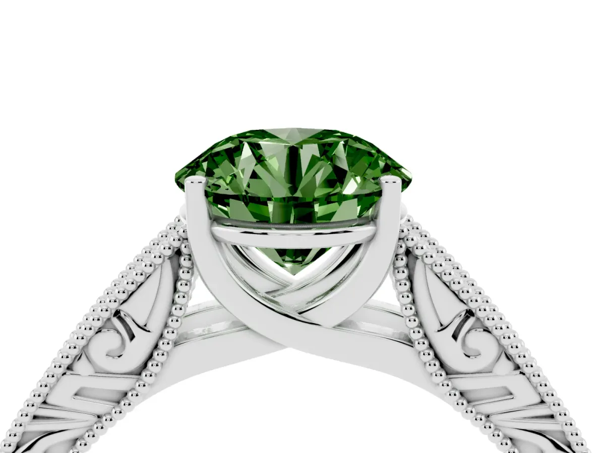Fancy Green Round Cut Diamond Solitaire Ring with Engraved Band and Four-Prong Setting White gold