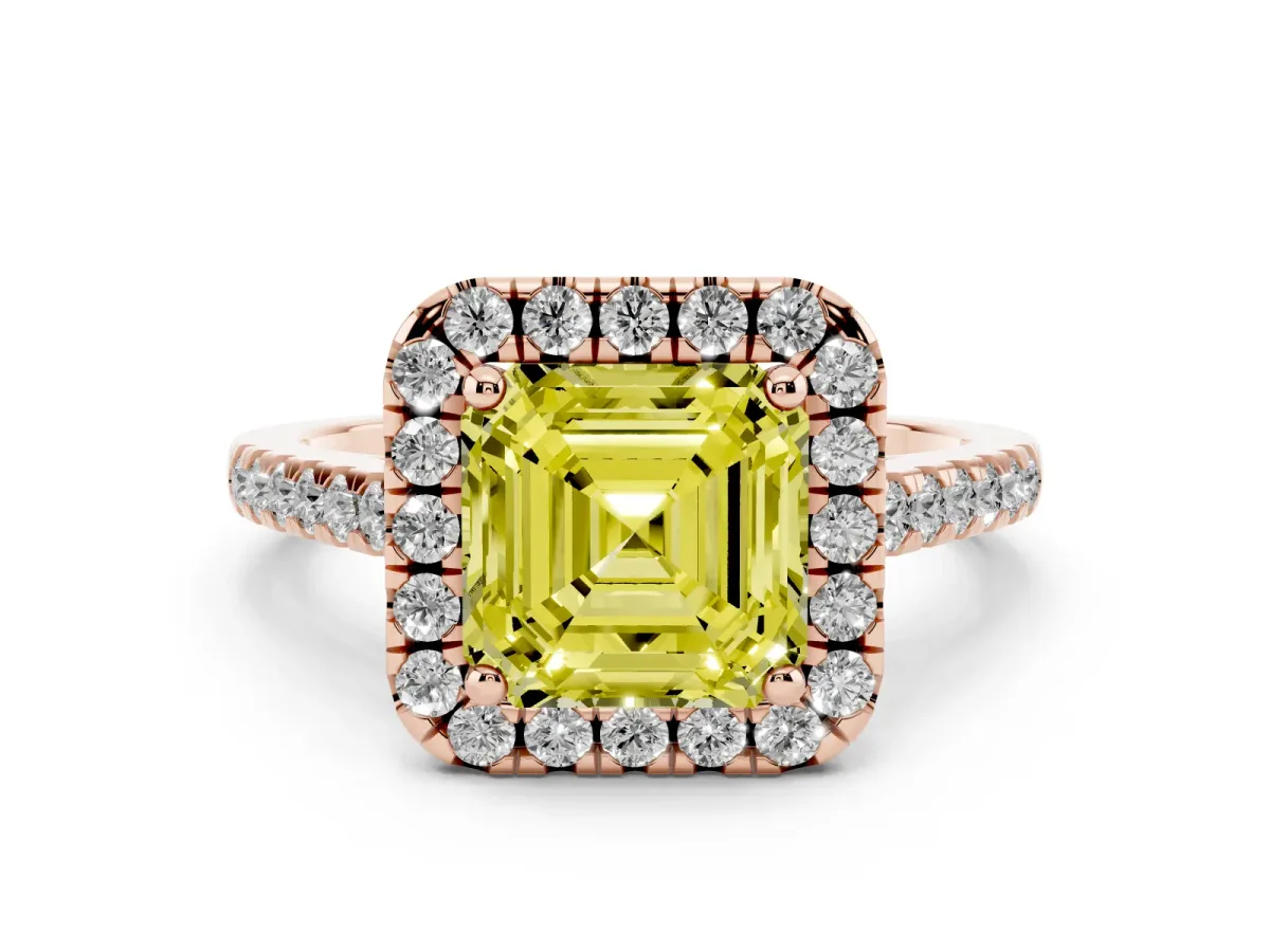 Fancy Yellow Asscher Cut Halo Pavé Diamond Engagement Ring with Four-Prong Setting Rose gold
