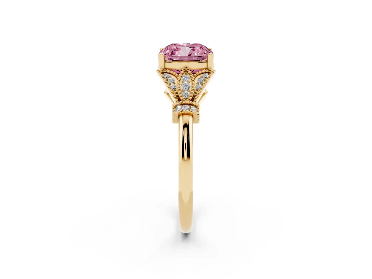 Fancy Pink Cushion Cut Diamond Solitaire Ring with Floral Filigree and Pave Accents Yellow gold