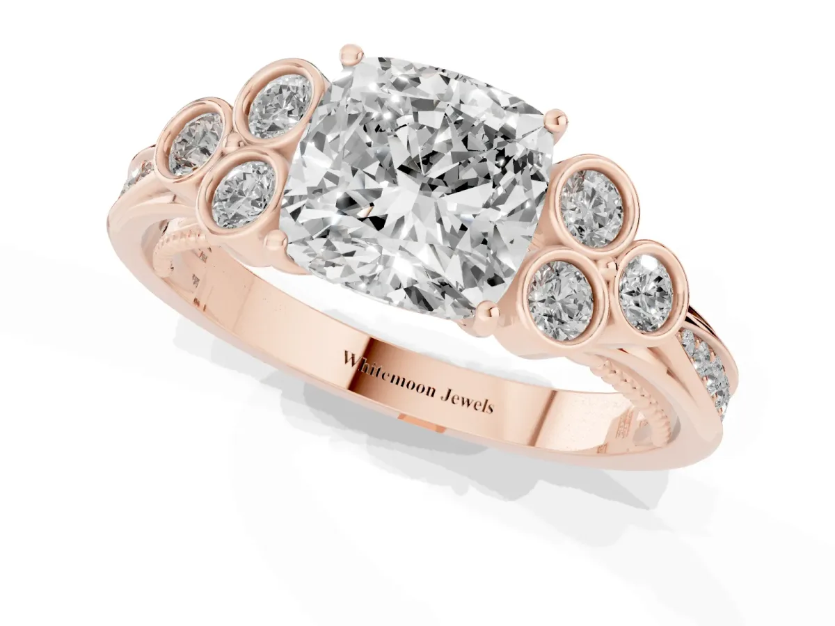 Cushion Cut Cut Diamond Engagement Ring with Bezel Set Round Side Stones and Prong Setting Rose gold