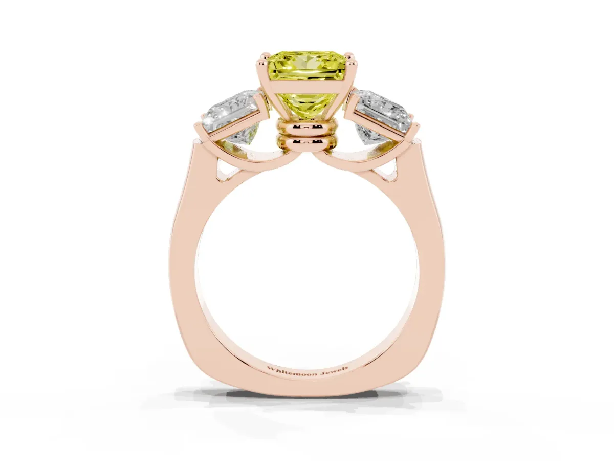 Fancy Yellow Three-Stone Princess Cut Brilliant Diamond Trellis Ring with Comfort Fit Band Rose gold
