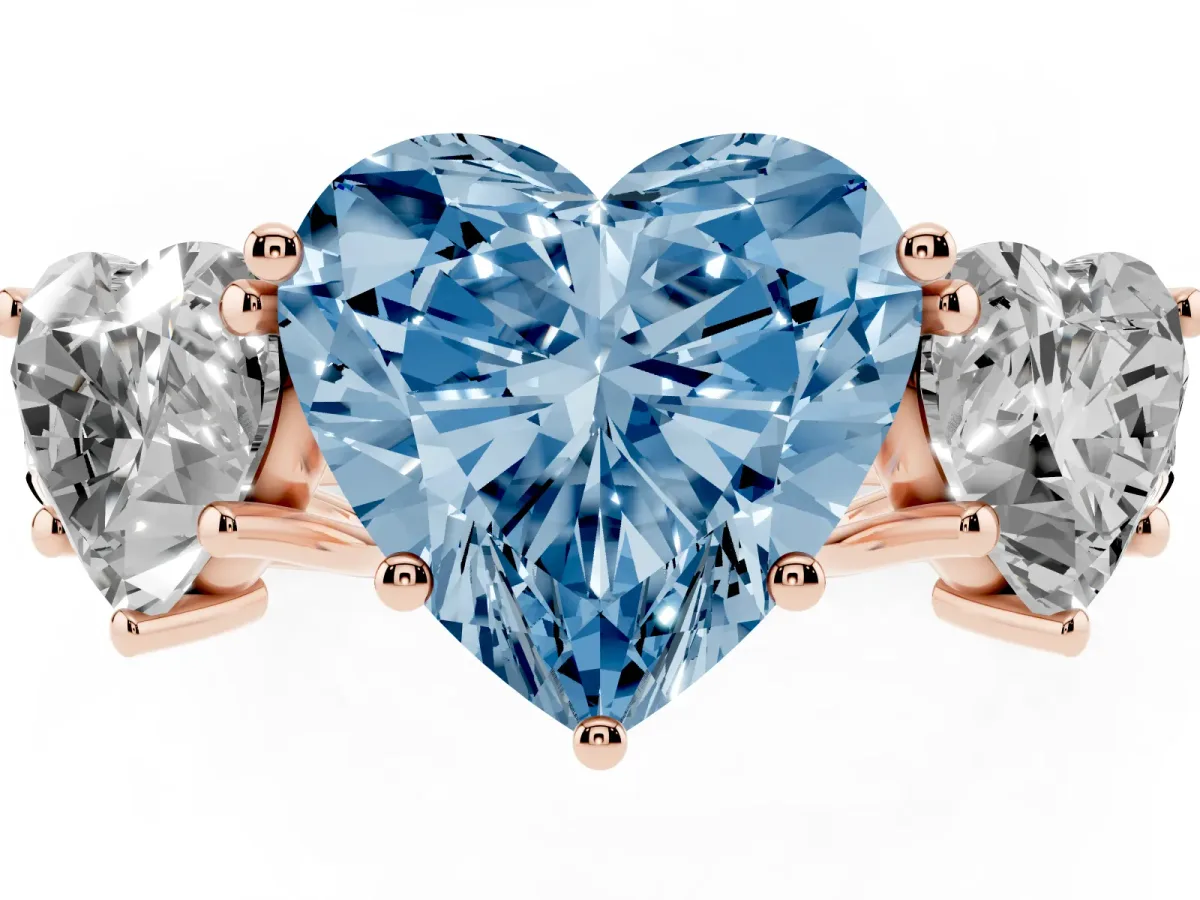 Fancy Blue Three-Stone Heart Cut Diamond Pavé Band with Prong Setting Rose gold