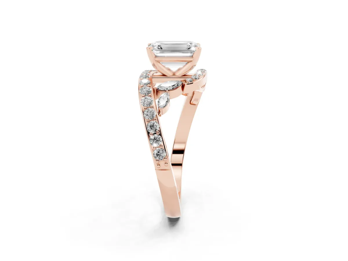Emerald Cut Solitaire with Pavé Twist Band and Four-Prong Setting Rose gold