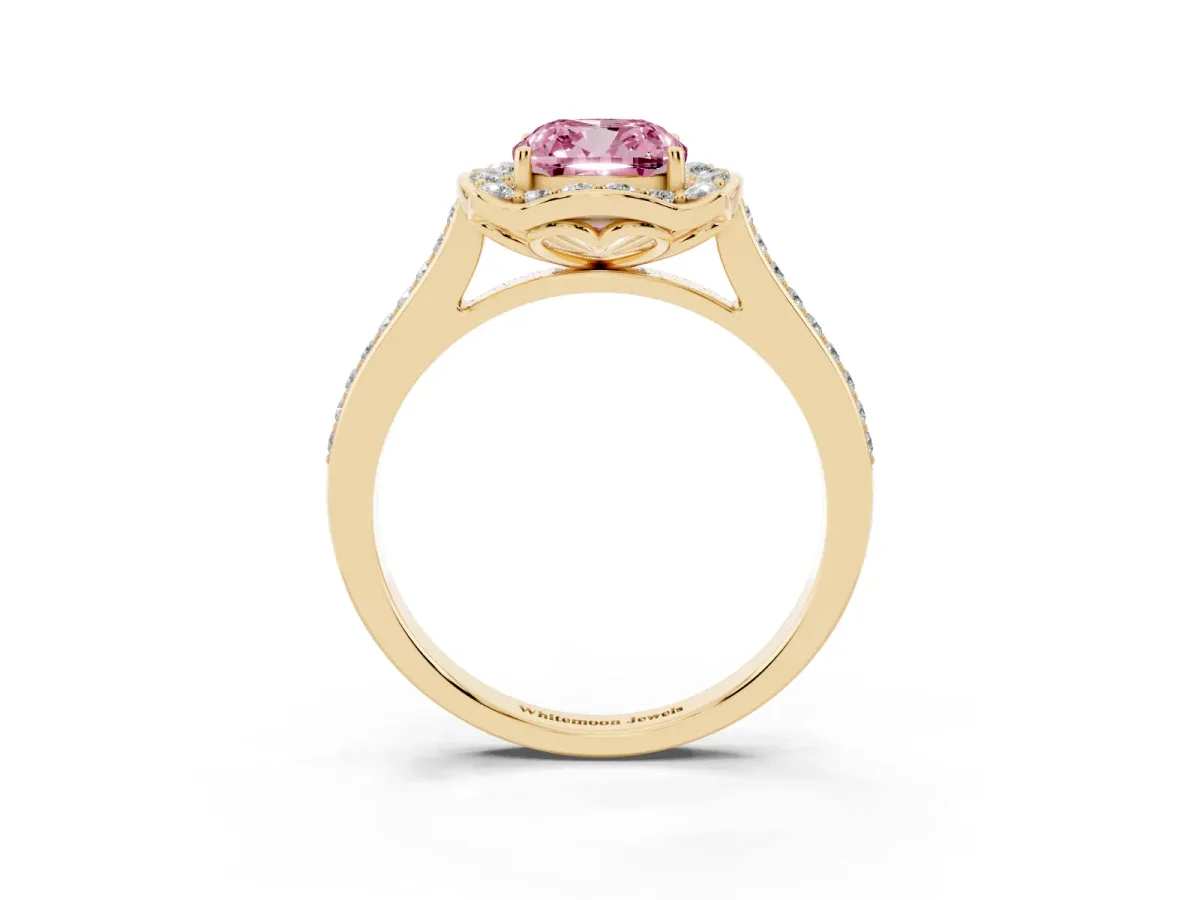 Fancy Pink Cushion Cut Halo Round Diamond Pave Band with Four-Prong Setting Yellow gold