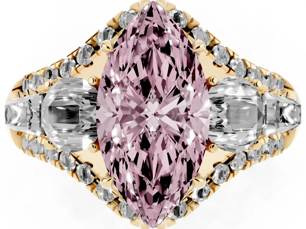 Fancy Pink Three-Stone Marquise Cut Diamond Engagement Ring with Pave Band and Prong Setting Yellow gold