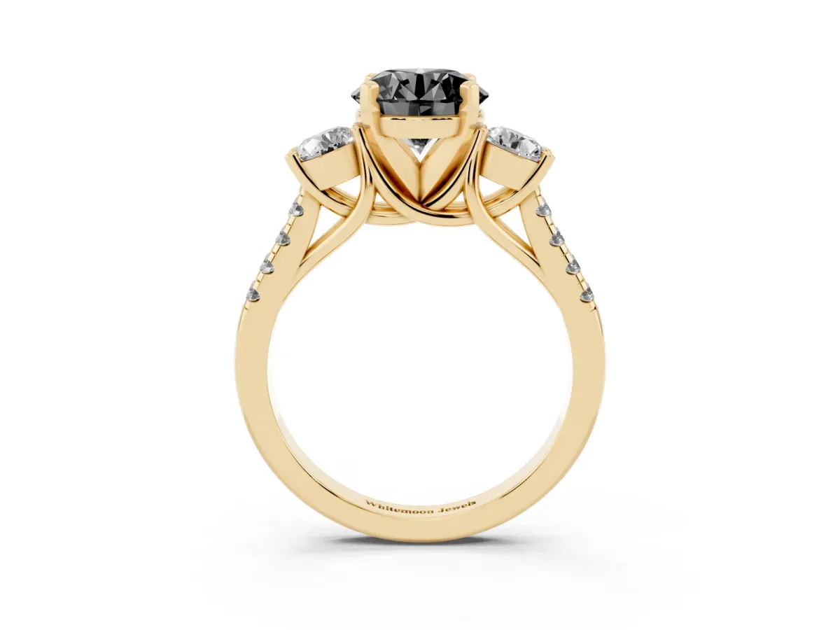 Fancy Black Three-Stone Round Cut Diamond Pavé Band with Four-Prong Setting Yellow gold
