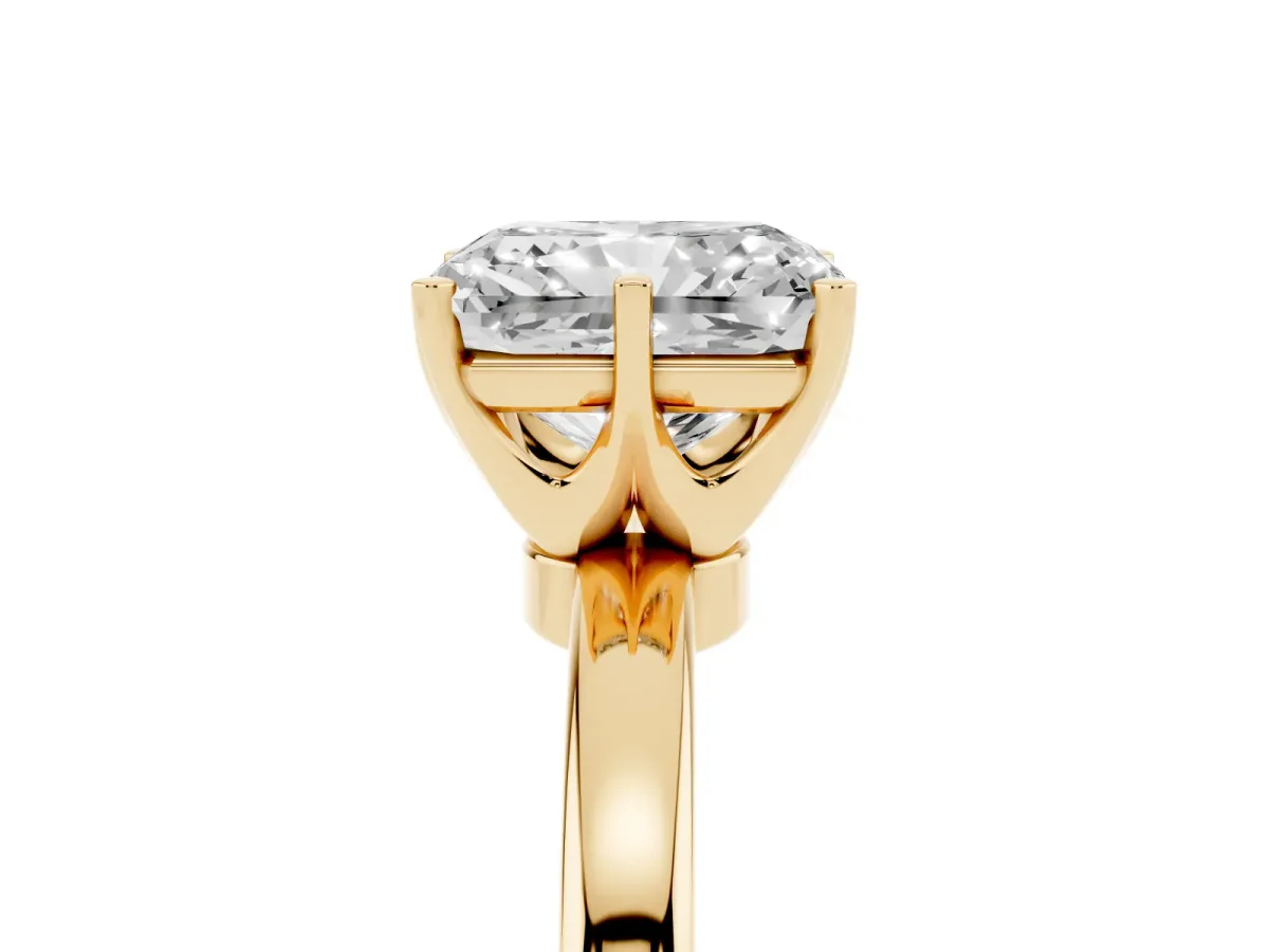 Radiant Cut Solitaire Diamond Ring with Six-Prong Setting on a Classic Band Yellow gold