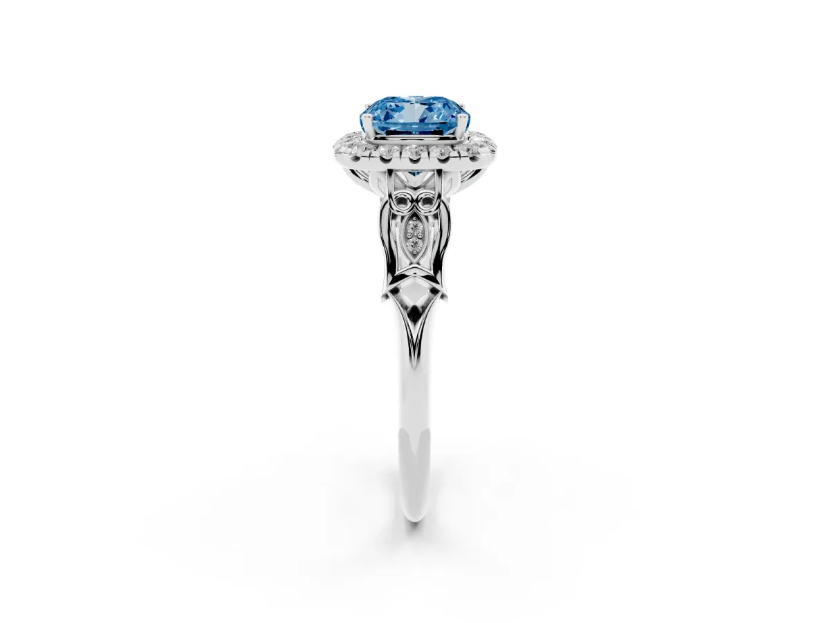 Fancy Blue Cushion Cut Halo Diamond Engagement Ring with Filigree Band and Four-Prong Setting Platinum