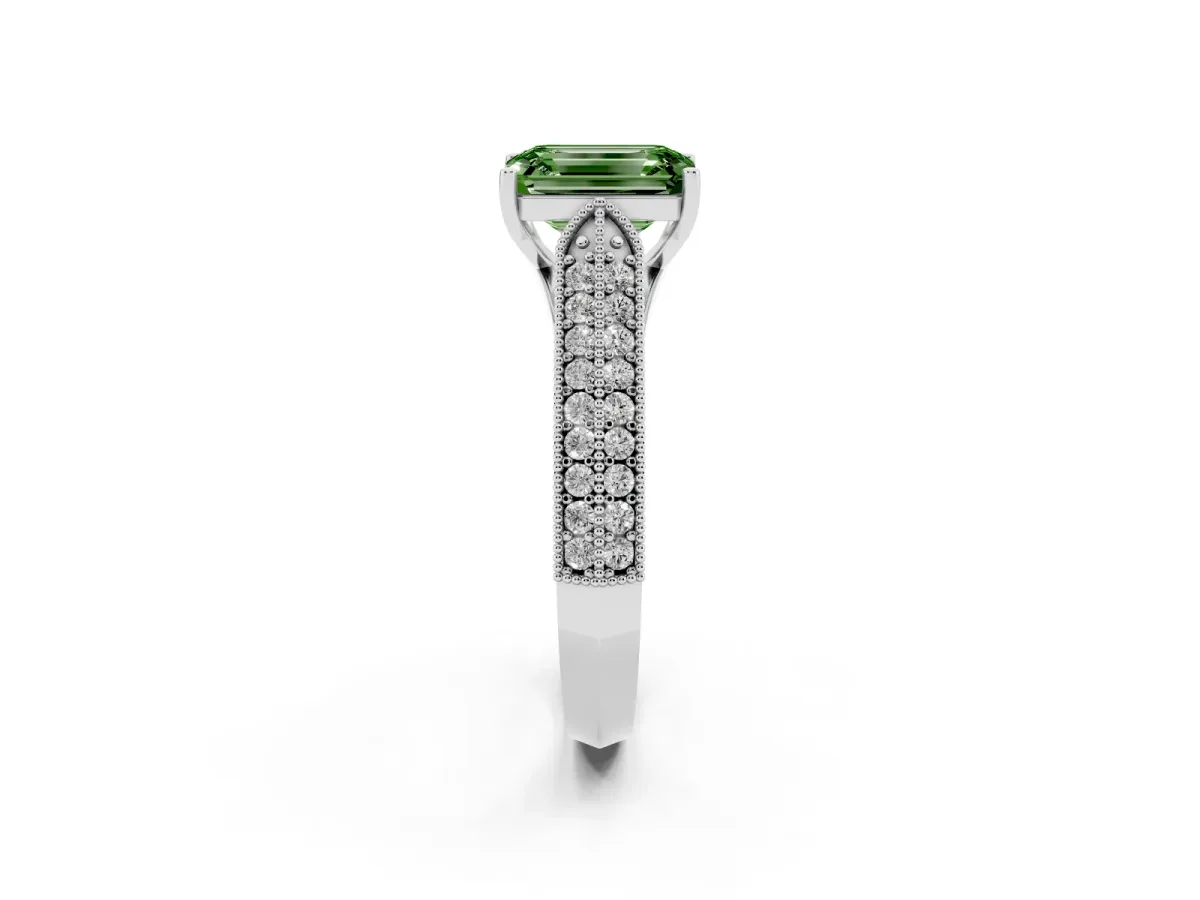 Fancy Green Emerald Cut Cut Pave Split Shank Engagement Ring with Four-Prong Setting Silver