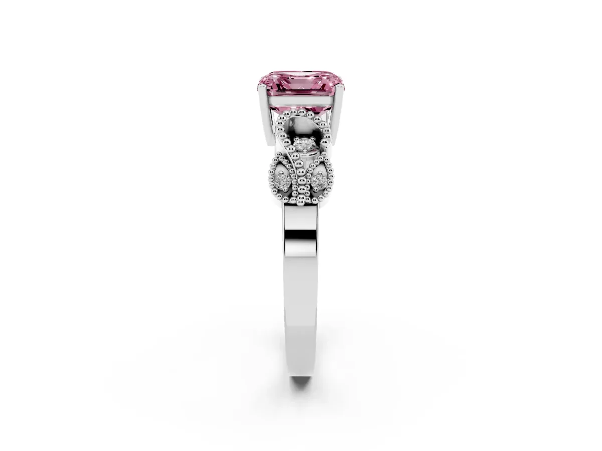 Fancy Pink Asscher Cut Solitaire Milgrain Leaf Band with Prong Setting White gold
