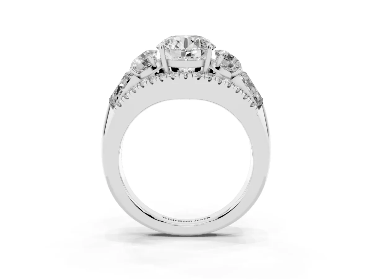 Three-Stone Round Cut Diamond Engagement Ring with Pave Band and Prong Setting Platinum