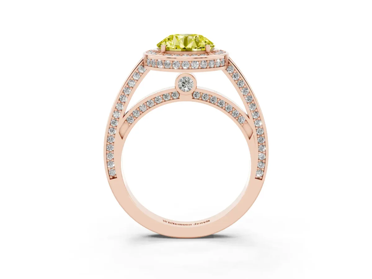 Fancy Yellow Round Cut Cut Halo Pave Split Shank Prong Setting Ring Rose gold