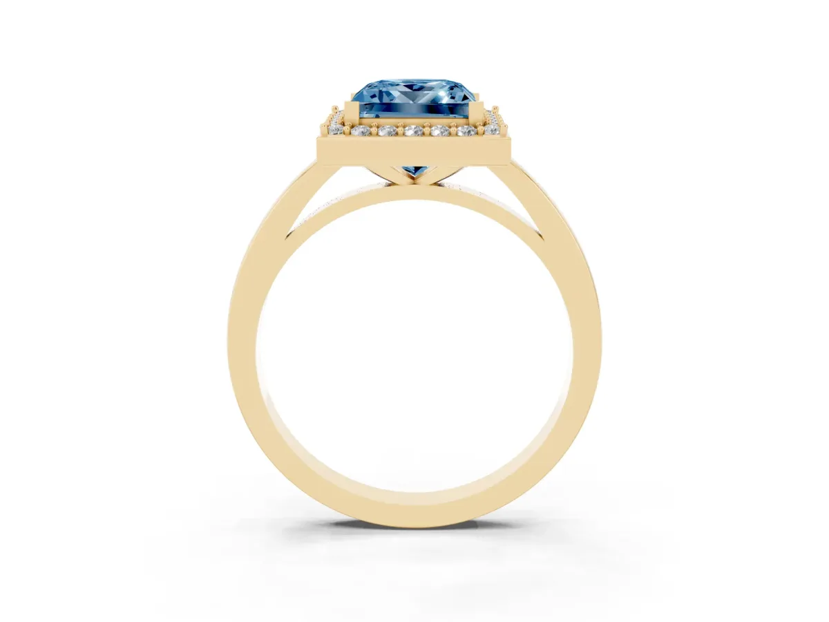 Fancy Blue Princess Cut Halo Diamond Ring with Solitaire Band and Prong Setting Yellow gold