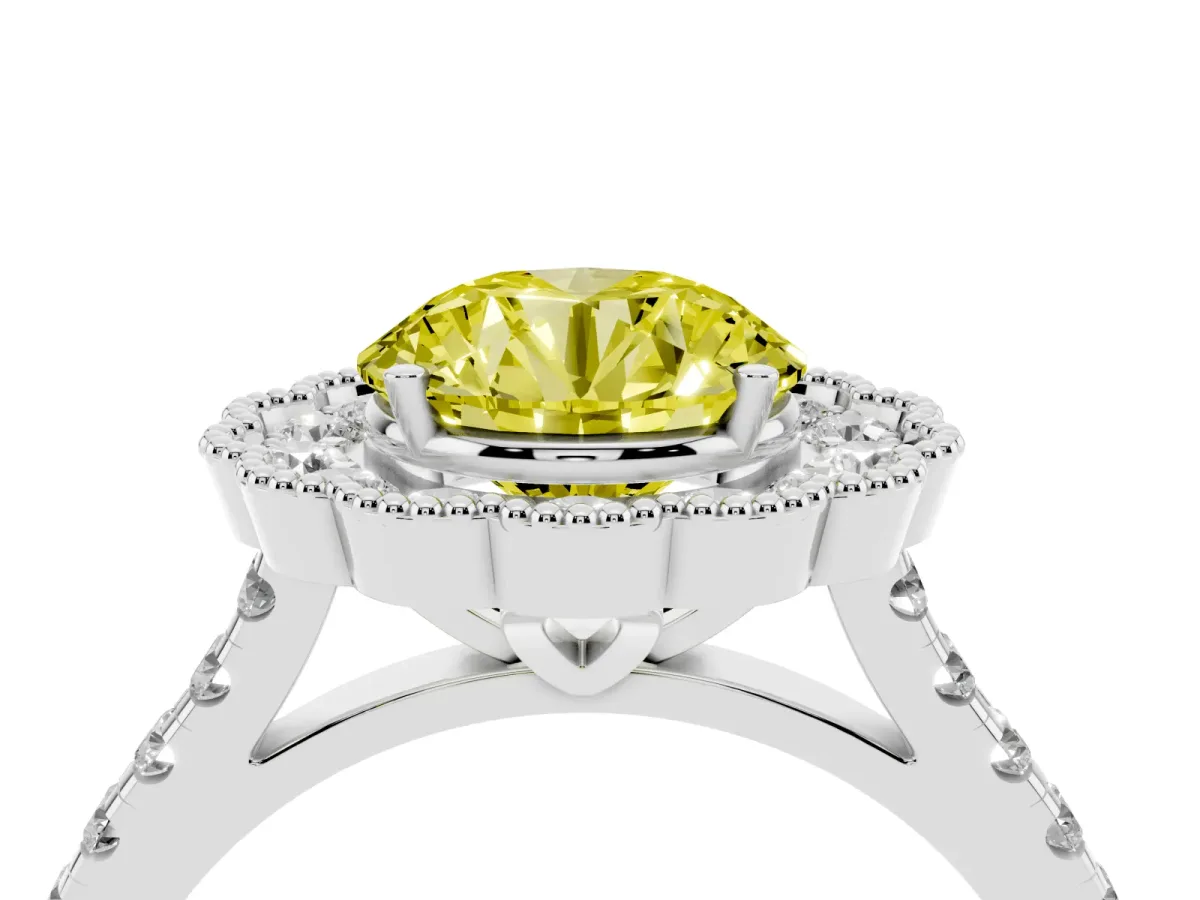 Fancy Yellow Round Cut Cut Diamond Milgrain Floral Halo Engagement Ring with Pavé Band Platinum