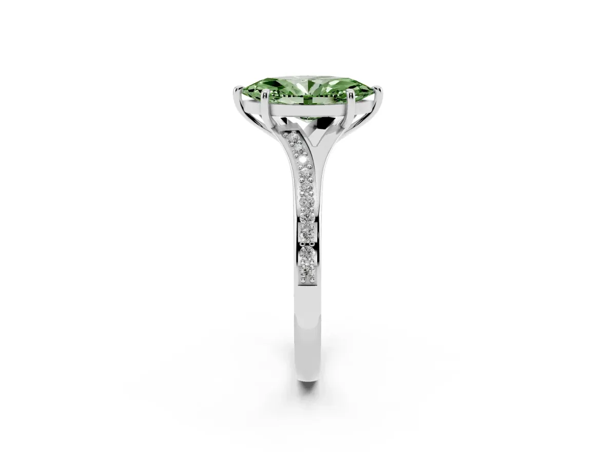 Fancy Green Marquise Cut Diamond Solitaire Ring with Pavé Band and Prong Setting Silver
