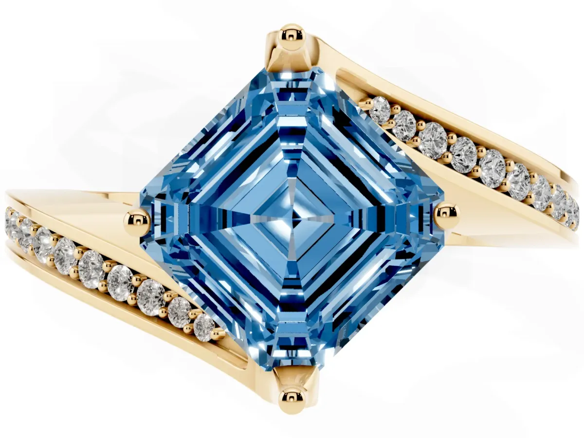 Fancy Blue Asscher Cut Solitaire Diamond Twist Band with Pavé Setting and Four-Prong Setting Yellow gold