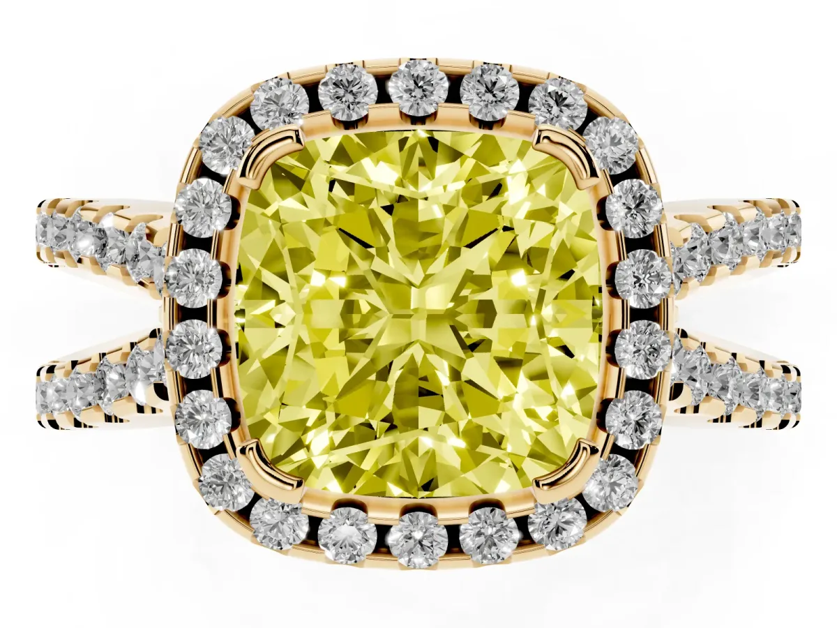 Fancy Yellow Cushion Cut Diamond Halo Ring with Split Shank Pavé Band and Prong Setting Yellow gold