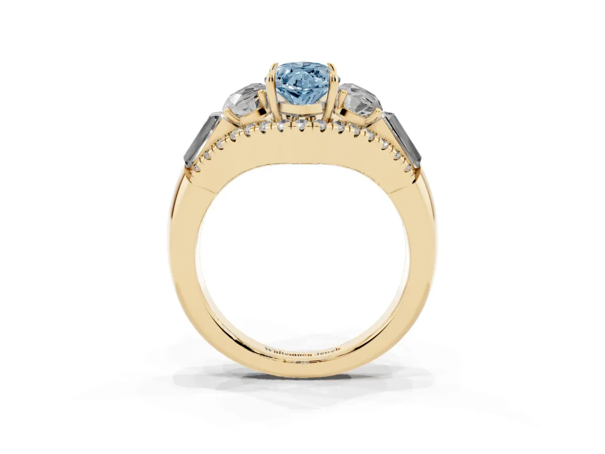 Fancy Blue Three-Stone Marquise Cut Diamond Engagement Ring with Pave Band and Prong Setting Yellow gold