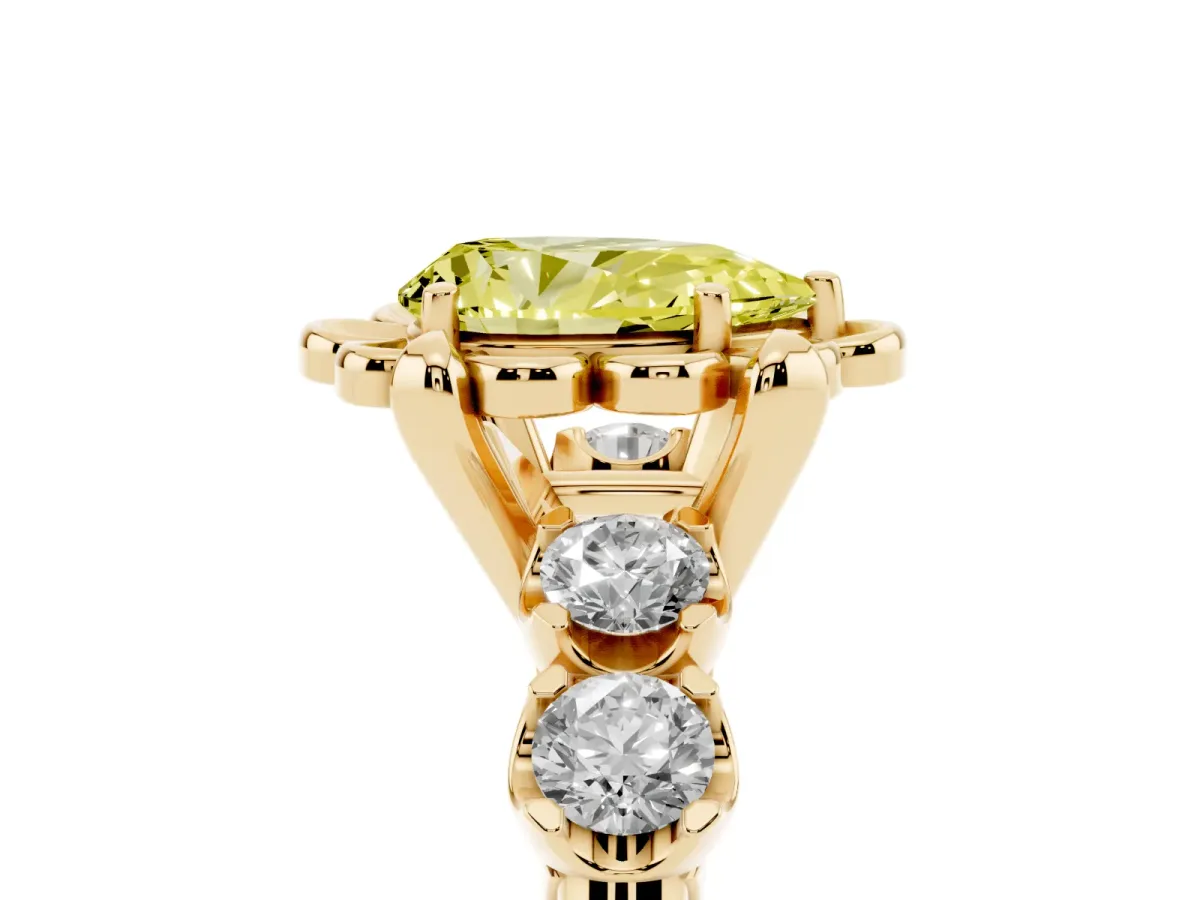 Fancy Yellow Pear Cut Cut Diamond Floral Halo Engagement Ring with Shared Prong Setting Yellow gold
