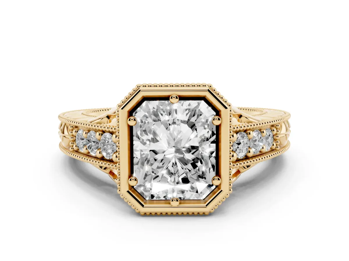 Bezel Set Radiant Cut Diamond Milgrain Pave Engagement Ring Yellow gold