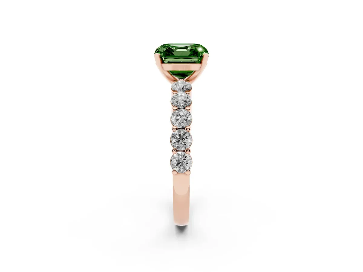 Fancy Green Asscher Cut Diamond Solitaire Ring with Shared Prong Round Side Stones Rose gold