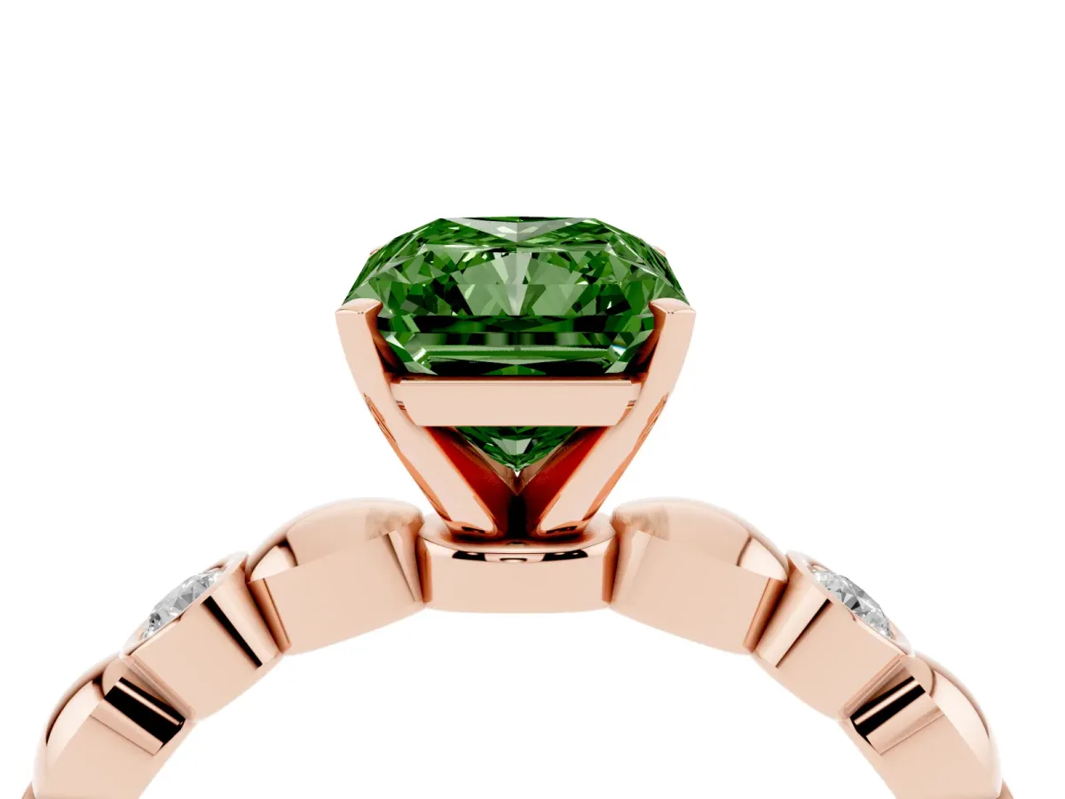 Fancy Green Radiant Cut Solitaire Bezel-Set Diamond Ring with Beaded Band and Four-Prong Setting Rose gold