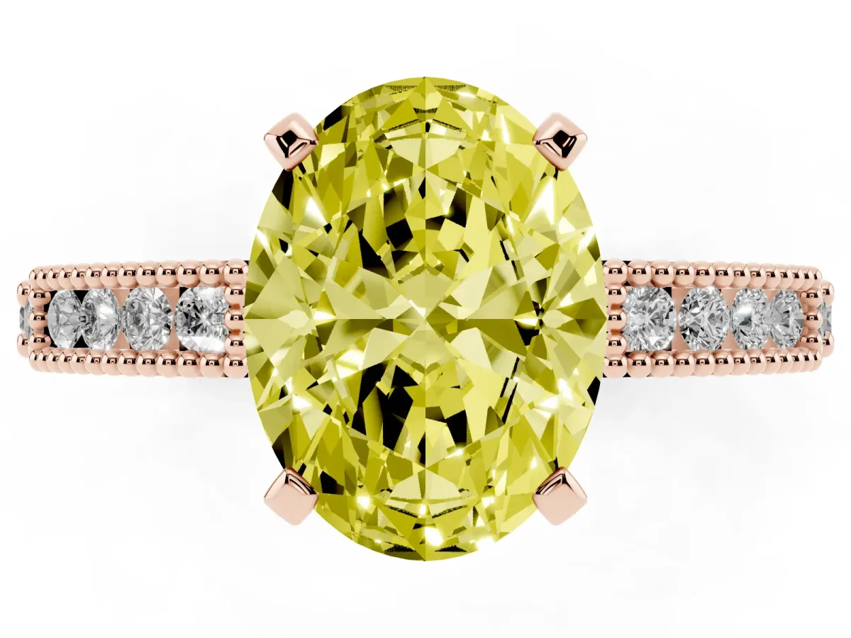 Fancy Yellow Oval Cut Solitaire with Pavé Band and Four-Prong Setting Rose gold