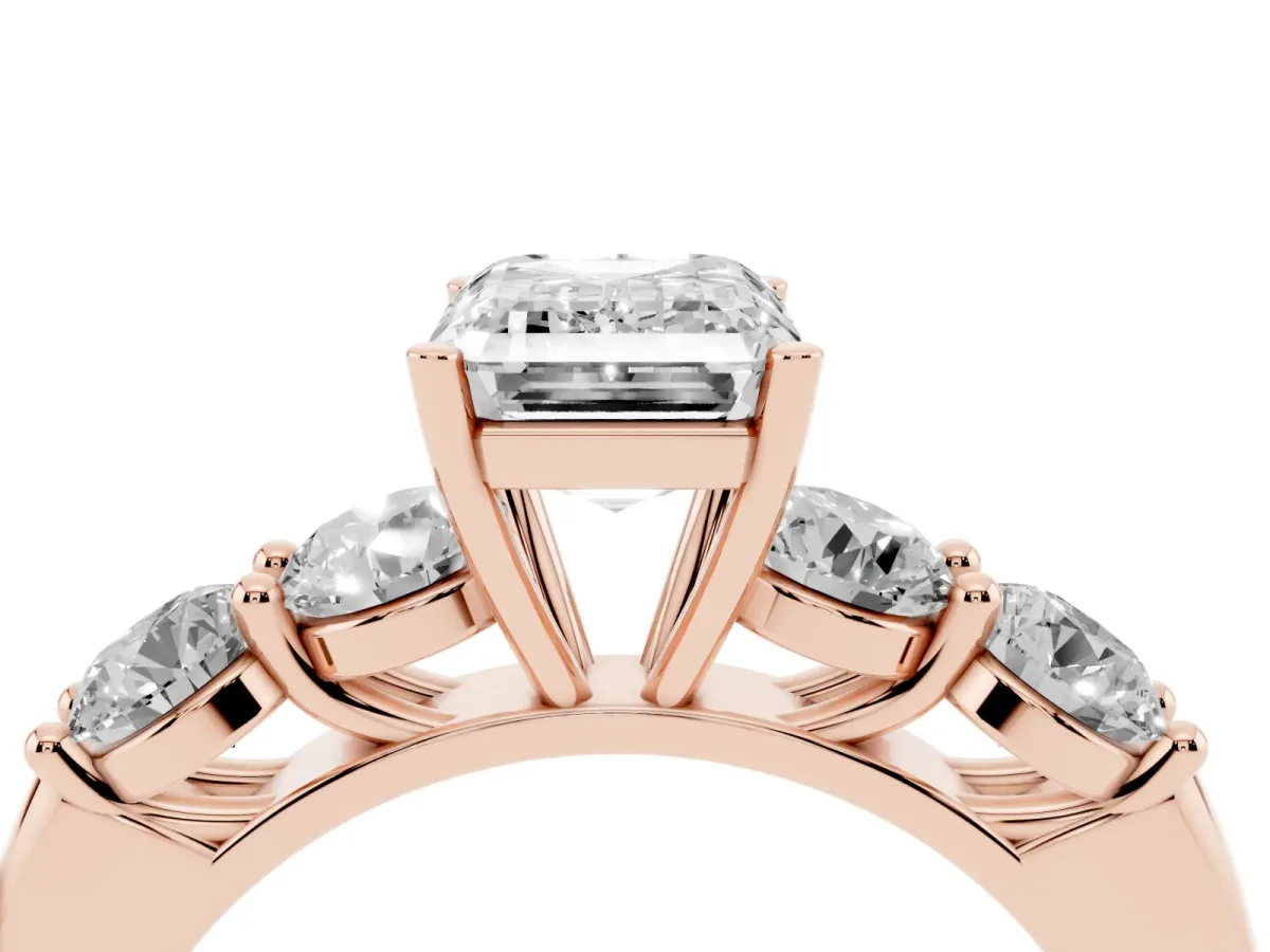 Emerald Cut Cut Five-Stone Prong Set Diamond Ring with Classic Band Rose gold
