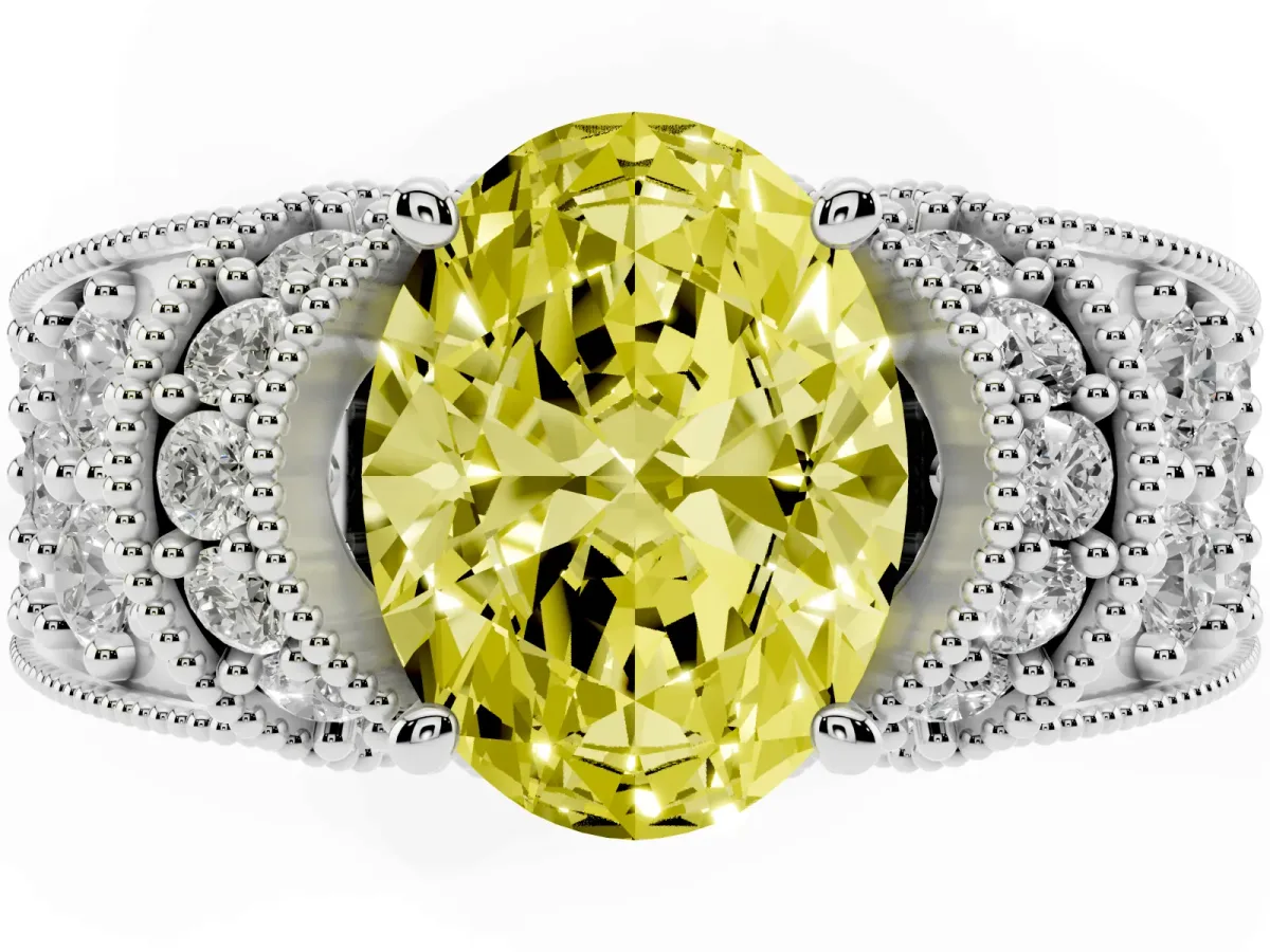 Fancy Yellow Oval Cut Halo Pave Diamond Engagement Ring with Milgrain Detailing Silver