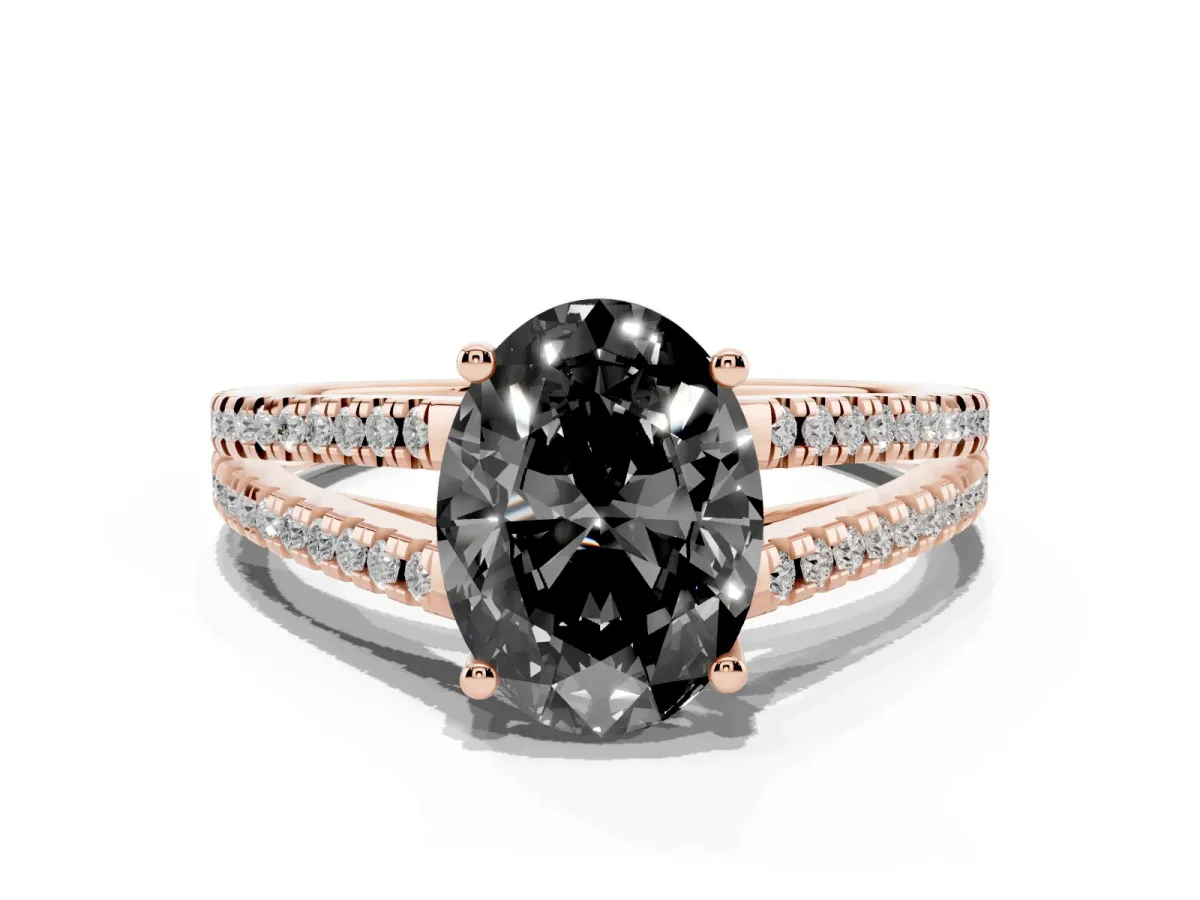 Fancy Black Oval Cut Diamond Solitaire Engagement Ring with Split Shank Pavé Band Rose gold