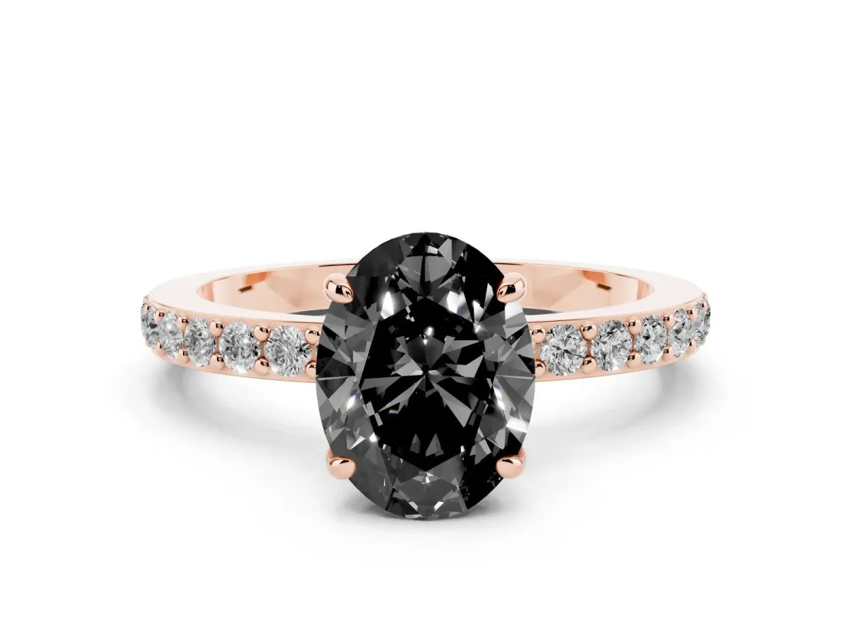 Fancy Black Oval Cut Diamond Pavé Engagement Ring with Round Accents and Prong Setting Rose gold