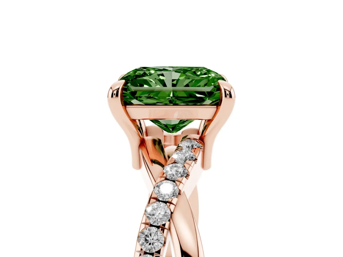 Fancy Green Radiant Cut Cut Diamond Twist Band Solitaire with Prong Setting Rose gold