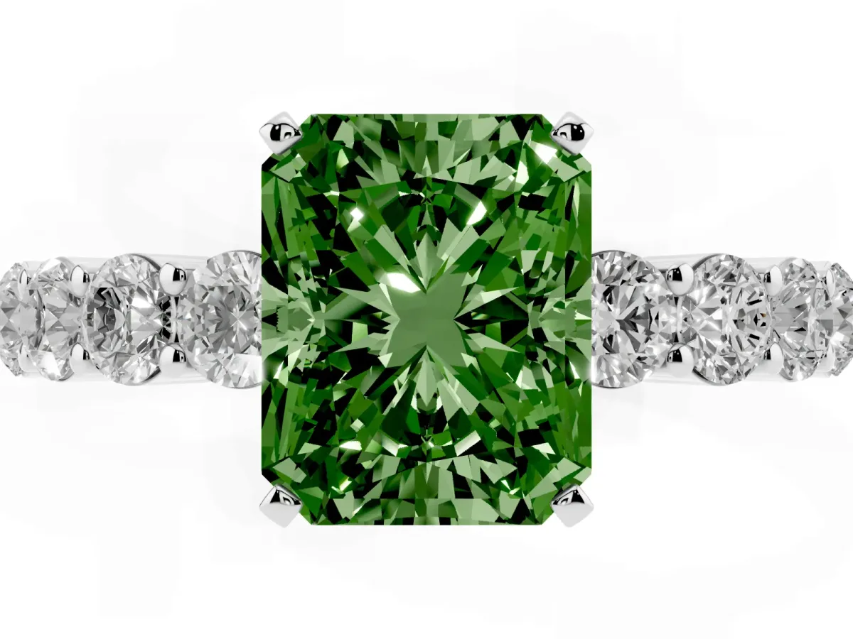 Fancy Green Radiant Cut Diamond Solitaire Ring with Shared Prong Round Side Stones Silver