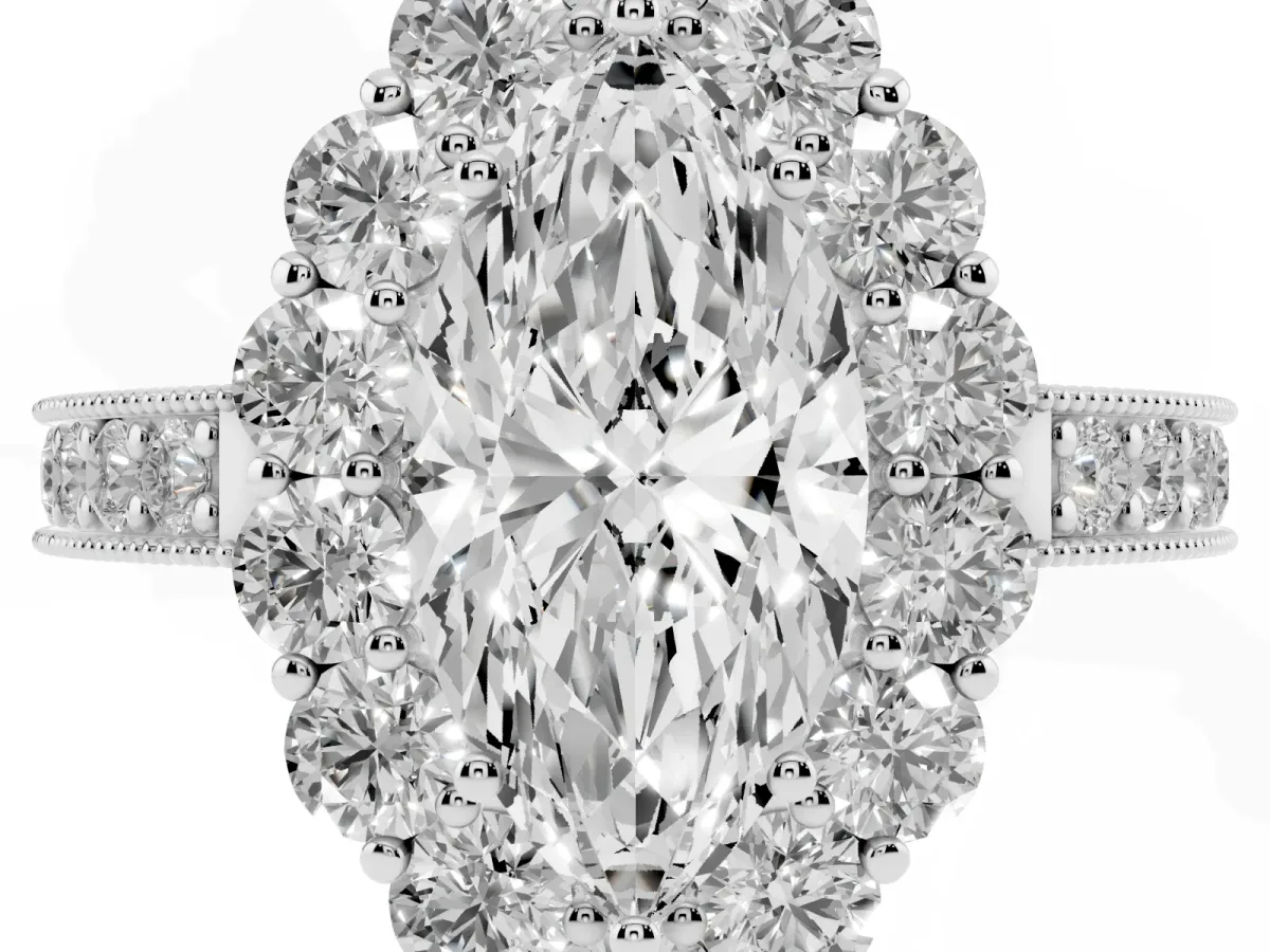 Marquise Cut Cut Halo Diamond Pavé Engagement Ring with Milgrain Detailing White gold