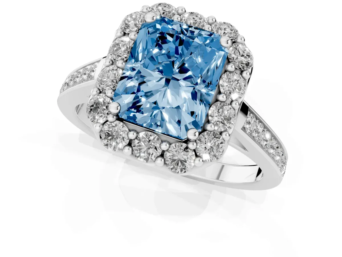 Fancy Blue Radiant Cut Diamond Floral Halo Ring with Pavé Band and Prong Setting White gold