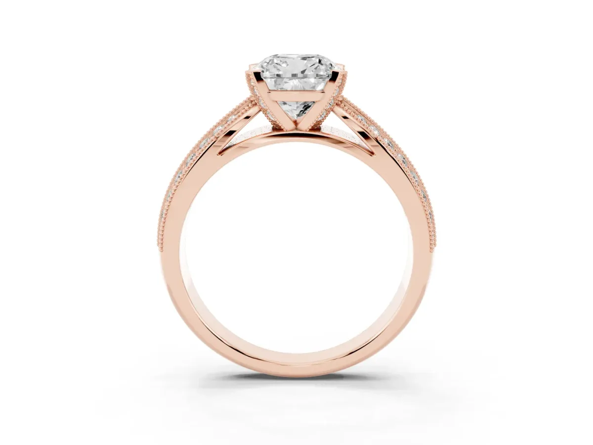 Cushion Cut Diamond Solitaire Ring with Milgrain Round Pavé Band and Prong Setting Rose gold